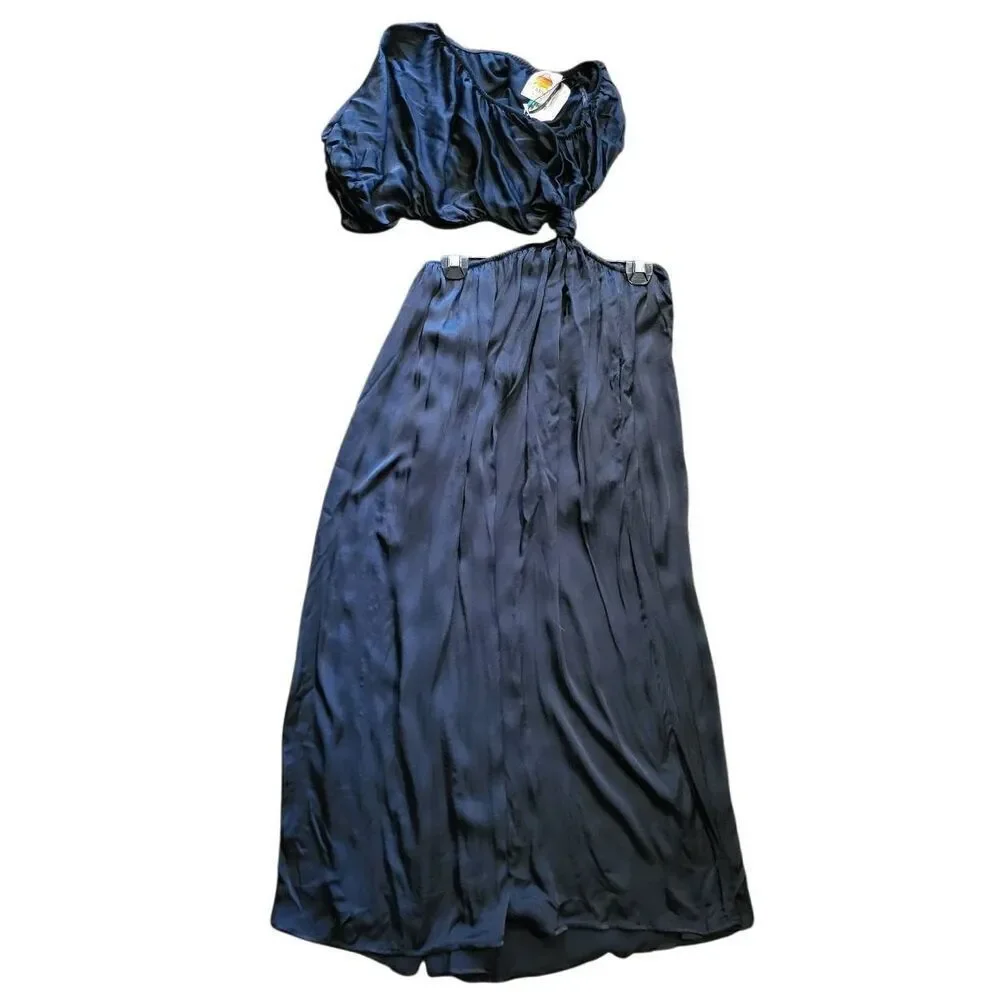 NWT Farm Rio Dress Women's Medium Black One Shoulder Midi Satin Ecovera - Picture 3 of 7